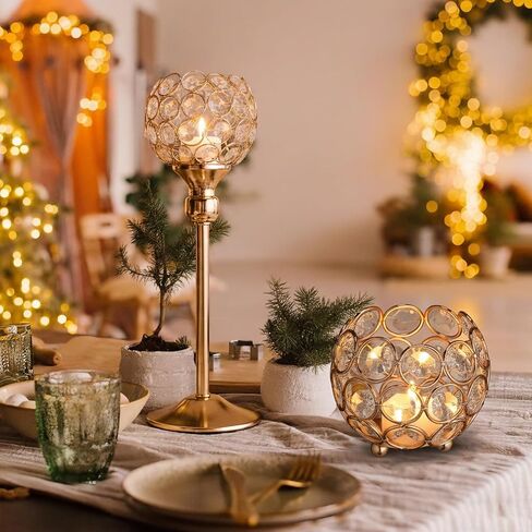 Patelai Gold Crystal Metal Candle Holders Set Include 6 Pcs 13 Inch Tall Gold Crystal Pillar Candlesticks and 6 Pcs Bowl Tealight Candle Holders for Wedding Party Table Centerpieces Home Decor Gift in Saudi Arabia