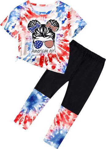 ملابس DONWEN للفتيات في الرابع من يوليو ملابس صبغ التعادل 2 قطعة بدلة رياضية في الرابع من يوليو أطقم جرافيك بأكمام قصيرة وسراويل طويلة in Kuwait