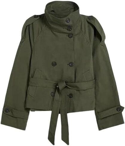 Womens Belted Waist Cropped Trench Double Breasted Stand Collar Elegant Coat Casual Vintage Jacket in Kuwait