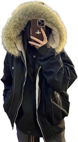 Fur Hood Y2K Streetwear Jacket Emo Zip Up Hoodie Oversized Padded Coat Winter Fashion Unisex Outerwear Clothing in Saudi Arabia