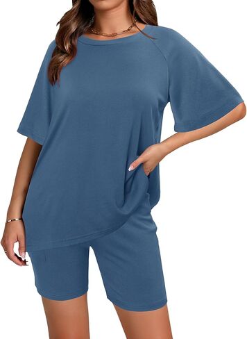 Magritta Women Two Piece Lounge Set Summer Casual Loose Fit Shirts Elastic Waist Biker Shorts Matching Airport Travel Outfit in Kuwait