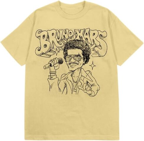 Bruno Mars Unisex Adult Bruno Mars Official Merch Cartoon T-Shirt, Yellow in Saudi Arabia