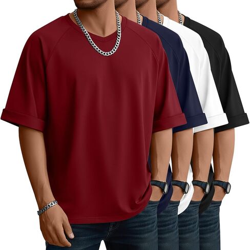 4 Pack Men's Oversized Shirts Raglan Short Sleeve V Neck Tops Causal Summer Basic Tees in Kuwait