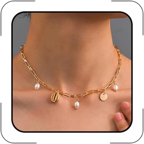 Gold Charm Necklaces for Women Shell Charm Necklace Summer Vacation Seashell Necklace Gold Paper Clip Shell Necklace Y2K Summer Beach Pearl Devil's Eye Jewelry in Kuwait