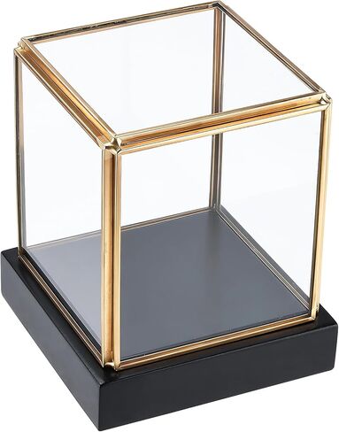 HighFree Clear Glass Display Case, Vintage Gold Glass Display Box Showcase with Black Solid Wooden Base, Square Clear Keepsake Box for Hobby Collectibles, 3.6x3.6x3.9 Inch in Kuwait