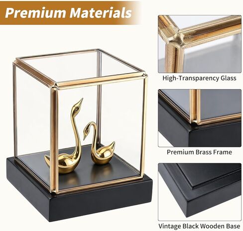 HighFree Clear Glass Display Case, Vintage Gold Glass Display Box Showcase with Black Solid Wooden Base, Square Clear Keepsake Box for Hobby Collectibles, 3.6x3.6x3.9 Inch in Kuwait