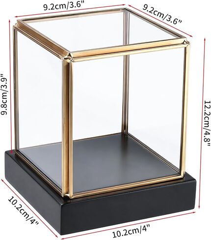 HighFree Clear Glass Display Case, Vintage Gold Glass Display Box Showcase with Black Solid Wooden Base, Square Clear Keepsake Box for Hobby Collectibles, 3.6x3.6x3.9 Inch in Kuwait