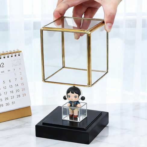 HighFree Clear Glass Display Case, Vintage Gold Glass Display Box Showcase with Black Solid Wooden Base, Square Clear Keepsake Box for Hobby Collectibles, 3.6x3.6x3.9 Inch in Kuwait