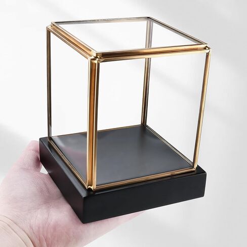 HighFree Clear Glass Display Case, Vintage Gold Glass Display Box Showcase with Black Solid Wooden Base, Square Clear Keepsake Box for Hobby Collectibles, 3.6x3.6x3.9 Inch in Kuwait