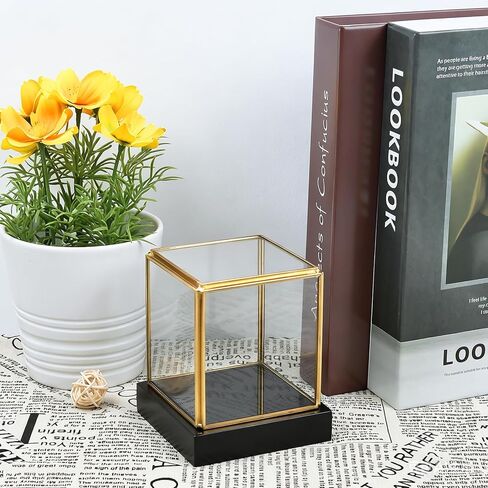 HighFree Clear Glass Display Case, Vintage Gold Glass Display Box Showcase with Black Solid Wooden Base, Square Clear Keepsake Box for Hobby Collectibles, 3.6x3.6x3.9 Inch in Kuwait