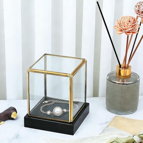 HighFree Clear Glass Display Case, Vintage Gold Glass Display Box Showcase with Black Solid Wooden Base, Square Clear Keepsake Box for Hobby Collectibles, 3.6x3.6x3.9 Inch in Kuwait