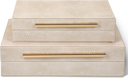 صندوقين تخزين مزخرفين باللون العاجي مع مقابض معدنية ذهبية، مقاس 9.85 × 6 × 2.76 بوصة و11.8 × 7.87 × 3.35 بوصة، صناديق مجوهرات حديثة من الجلد الصناعي لتنظيم المنزل in Kuwait