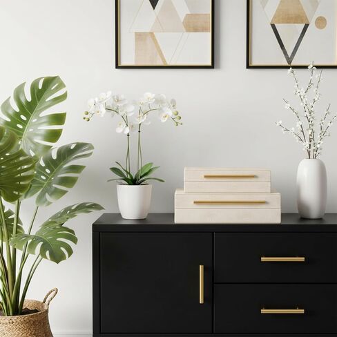 صندوقين تخزين مزخرفين باللون العاجي مع مقابض معدنية ذهبية، مقاس 9.85 × 6 × 2.76 بوصة و11.8 × 7.87 × 3.35 بوصة، صناديق مجوهرات حديثة من الجلد الصناعي لتنظيم المنزل in Kuwait