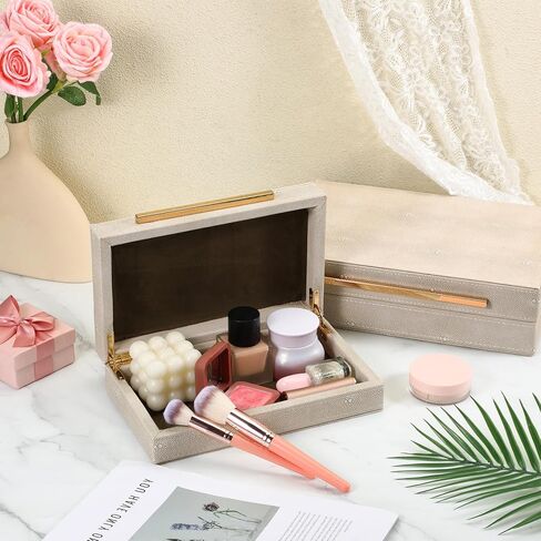 صندوقين تخزين مزخرفين باللون العاجي مع مقابض معدنية ذهبية، مقاس 9.85 × 6 × 2.76 بوصة و11.8 × 7.87 × 3.35 بوصة، صناديق مجوهرات حديثة من الجلد الصناعي لتنظيم المنزل in Kuwait