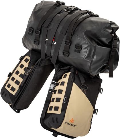 TUSK Highland X2 Rackless Luggage System w/Medium Dry Duffel Tail Bag Standard Heat Shield Black/Tan for Yamaha TENERE 700 2021-2024 in Saudi Arabia