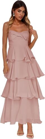 Women’s Tiered Ruffles Bridesmaid Dresses Chiffon Spaghetti Straps Pleated Formal Evening Gowns in Saudi Arabia