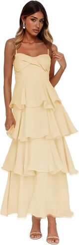 Women’s Tiered Ruffles Bridesmaid Dresses Chiffon Spaghetti Straps Pleated Formal Evening Gowns in Saudi Arabia