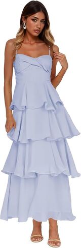 Women’s Tiered Ruffles Bridesmaid Dresses Chiffon Spaghetti Straps Pleated Formal Evening Gowns in Saudi Arabia