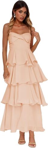 Women’s Tiered Ruffles Bridesmaid Dresses Chiffon Spaghetti Straps Pleated Formal Evening Gowns in Saudi Arabia