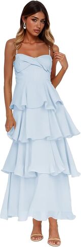 Women’s Tiered Ruffles Bridesmaid Dresses Chiffon Spaghetti Straps Pleated Formal Evening Gowns in Kuwait