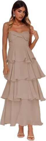 Women’s Tiered Ruffles Bridesmaid Dresses Chiffon Spaghetti Straps Pleated Formal Evening Gowns in Saudi Arabia