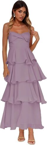 Women’s Tiered Ruffles Bridesmaid Dresses Chiffon Spaghetti Straps Pleated Formal Evening Gowns in Saudi Arabia