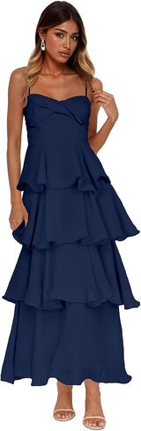 Women’s Tiered Ruffles Bridesmaid Dresses Chiffon Spaghetti Straps Pleated Formal Evening Gowns in Saudi Arabia