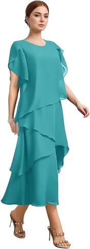 Chiffon Mother of The Bride Dresses for Wedding Guest Tea Length Tiered Formal Evening Gowns with Sleeves JH031 in Saudi Arabia