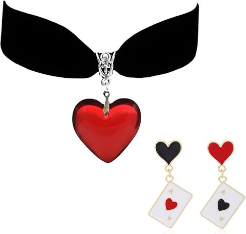 Red Heart Playing Card Necklacs Earrings Set for Women Personalized Fashion Black Velvet Hearts Pendant Necklace Good Luck Ace of Spade Earring Casino Charm Jewelry in Saudi Arabia