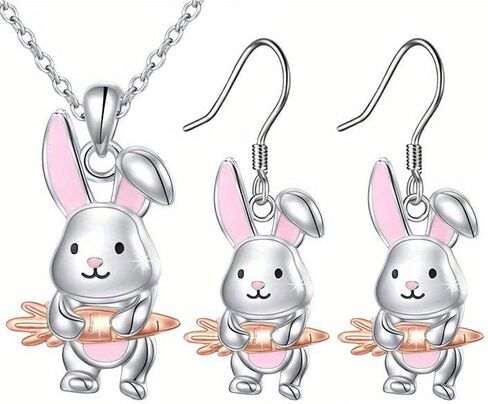 coadipress 2 Pairs Bunny Earrings and Necklace Set Cute Easter Rabbit Dangle Earrings Pink Animal Paw Carrot Necklace for Women Easter Basket Stuffer Spring Jewelry in Saudi Arabia