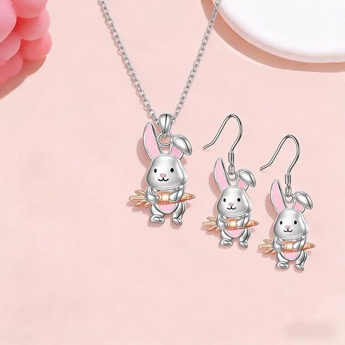 coadipress 2 Pairs Bunny Earrings and Necklace Set Cute Easter Rabbit Dangle Earrings Pink Animal Paw Carrot Necklace for Women Easter Basket Stuffer Spring Jewelry in Saudi Arabia