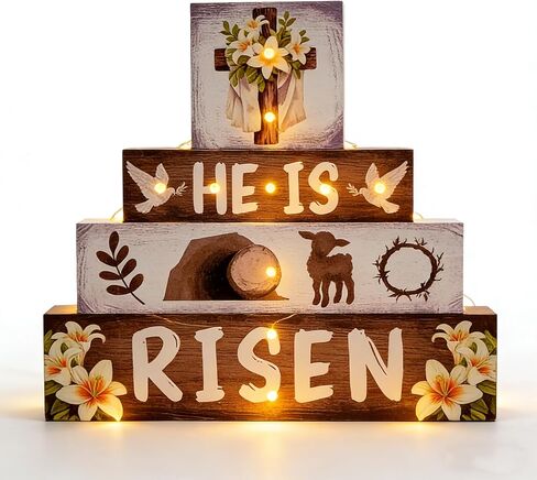 ديكورات عيد الفصح الدينية في الأماكن المغلقة - ديكور مسيحي متقاطع LED، لقد قام بإضاءة عيد الفصح السعيد، علامة خشبية للطاولة، ديكور داخلي للمنزل والمكتب، 9 × 9 بوصة in Kuwait