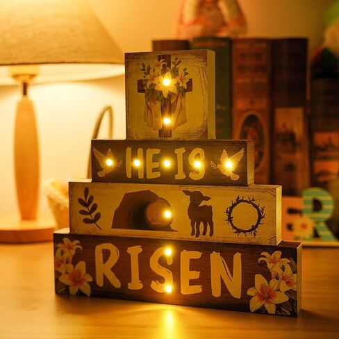 ديكورات عيد الفصح الدينية في الأماكن المغلقة - ديكور مسيحي متقاطع LED، لقد قام بإضاءة عيد الفصح السعيد، علامة خشبية للطاولة، ديكور داخلي للمنزل والمكتب، 9 × 9 بوصة in Kuwait
