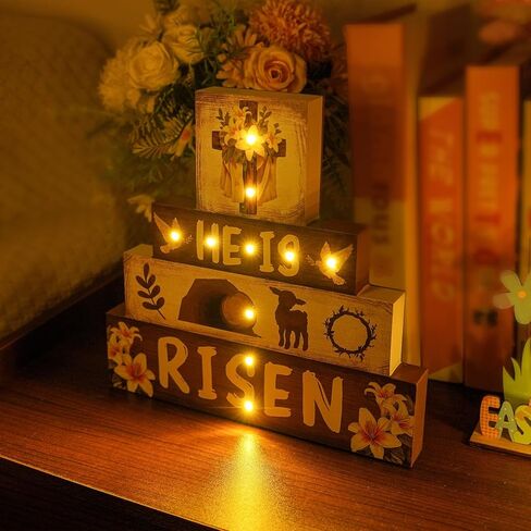 ديكورات عيد الفصح الدينية في الأماكن المغلقة - ديكور مسيحي متقاطع LED، لقد قام بإضاءة عيد الفصح السعيد، علامة خشبية للطاولة، ديكور داخلي للمنزل والمكتب، 9 × 9 بوصة in Kuwait