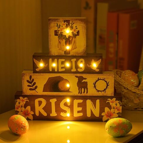 ديكورات عيد الفصح الدينية في الأماكن المغلقة - ديكور مسيحي متقاطع LED، لقد قام بإضاءة عيد الفصح السعيد، علامة خشبية للطاولة، ديكور داخلي للمنزل والمكتب، 9 × 9 بوصة in Kuwait