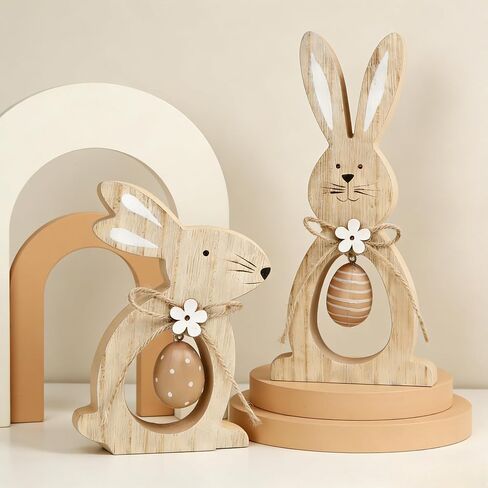 2Pcs Easter Decorations for The Home Farmhouse Rustic Wooden Bunny with Egg Tiered Tray Happy Spring Decoration for Indoor Home Party Tabletop Decoration Easter Gifts for Kids in Saudi Arabia