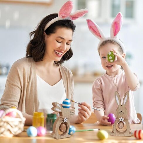 2Pcs Easter Decorations for The Home Farmhouse Rustic Wooden Bunny with Egg Tiered Tray Happy Spring Decoration for Indoor Home Party Tabletop Decoration Easter Gifts for Kids in Saudi Arabia