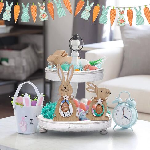 2Pcs Easter Decorations for The Home Farmhouse Rustic Wooden Bunny with Egg Tiered Tray Happy Spring Decoration for Indoor Home Party Tabletop Decoration Easter Gifts for Kids in Saudi Arabia