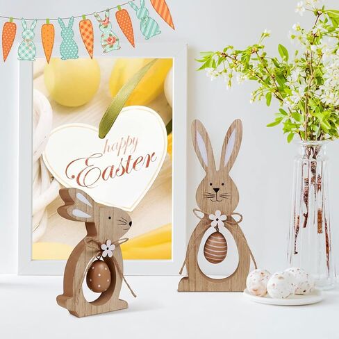 2Pcs Easter Decorations for The Home Farmhouse Rustic Wooden Bunny with Egg Tiered Tray Happy Spring Decoration for Indoor Home Party Tabletop Decoration Easter Gifts for Kids in Saudi Arabia
