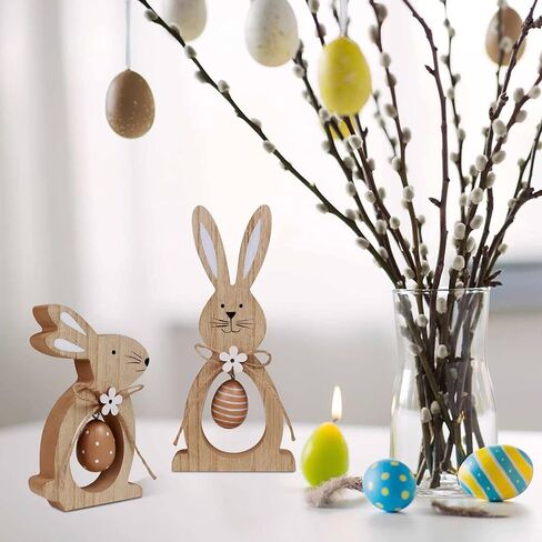 2Pcs Easter Decorations for The Home Farmhouse Rustic Wooden Bunny with Egg Tiered Tray Happy Spring Decoration for Indoor Home Party Tabletop Decoration Easter Gifts for Kids in Saudi Arabia