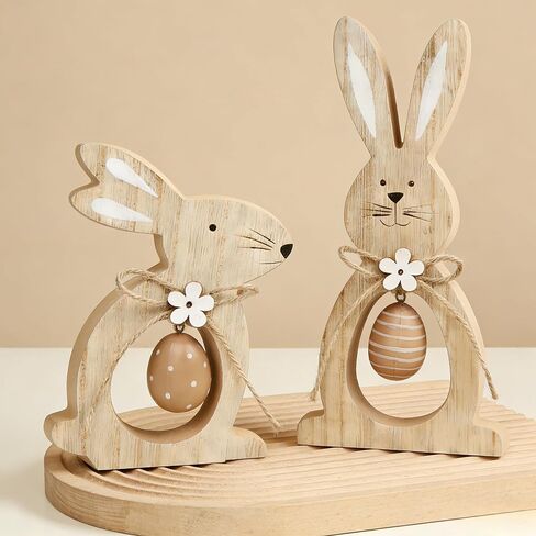 2Pcs Easter Decorations for The Home Farmhouse Rustic Wooden Bunny with Egg Tiered Tray Happy Spring Decoration for Indoor Home Party Tabletop Decoration Easter Gifts for Kids in Saudi Arabia
