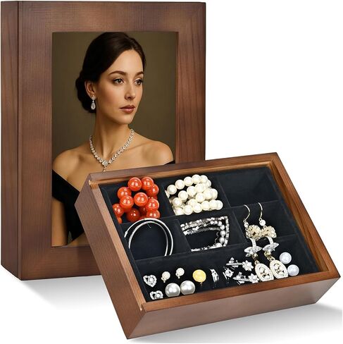صندوق مجوهرات خشبي مع غطاء إطار صور مقاس 4 × 6 - منظم مجوهرات للخواتم والقلادة والبروش والأقراط - هدية للنساء in Kuwait