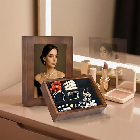 صندوق مجوهرات خشبي مع غطاء إطار صور مقاس 4 × 6 - منظم مجوهرات للخواتم والقلادة والبروش والأقراط - هدية للنساء in Kuwait