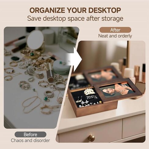 صندوق مجوهرات خشبي مع غطاء إطار صور مقاس 4 × 6 - منظم مجوهرات للخواتم والقلادة والبروش والأقراط - هدية للنساء in Kuwait