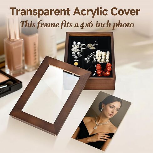 صندوق مجوهرات خشبي مع غطاء إطار صور مقاس 4 × 6 - منظم مجوهرات للخواتم والقلادة والبروش والأقراط - هدية للنساء in Kuwait