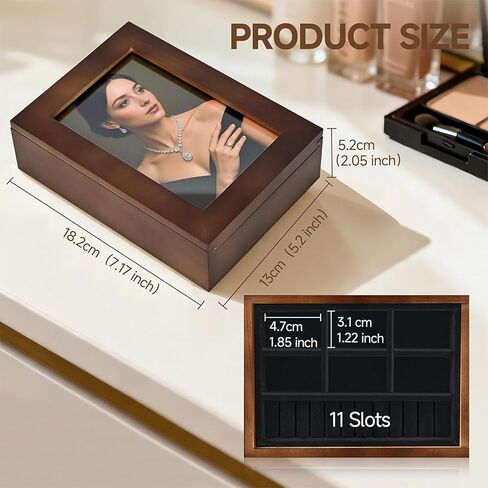 صندوق مجوهرات خشبي مع غطاء إطار صور مقاس 4 × 6 - منظم مجوهرات للخواتم والقلادة والبروش والأقراط - هدية للنساء in Kuwait