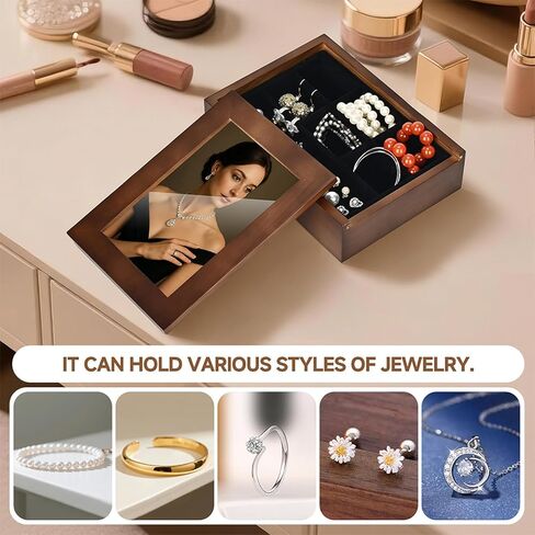 صندوق مجوهرات خشبي مع غطاء إطار صور مقاس 4 × 6 - منظم مجوهرات للخواتم والقلادة والبروش والأقراط - هدية للنساء in Kuwait