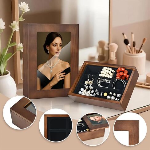 صندوق مجوهرات خشبي مع غطاء إطار صور مقاس 4 × 6 - منظم مجوهرات للخواتم والقلادة والبروش والأقراط - هدية للنساء in Kuwait