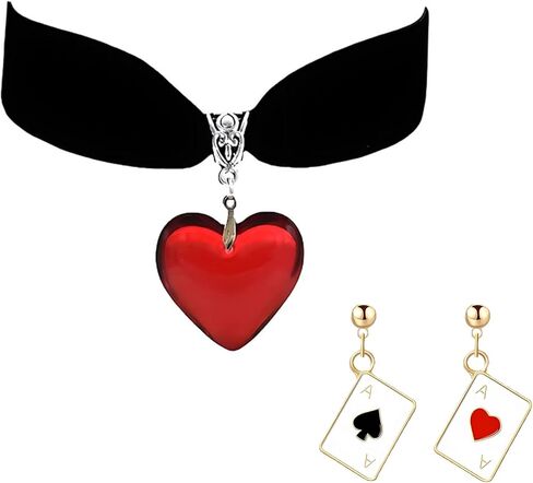 Red Heart Playing Card Necklacs Earrings Set for Women Personalized Fashion Black Velvet Hearts Pendant Necklace Good Luck Ace of Spade Earring Casino Charm Jewelry in Saudi Arabia