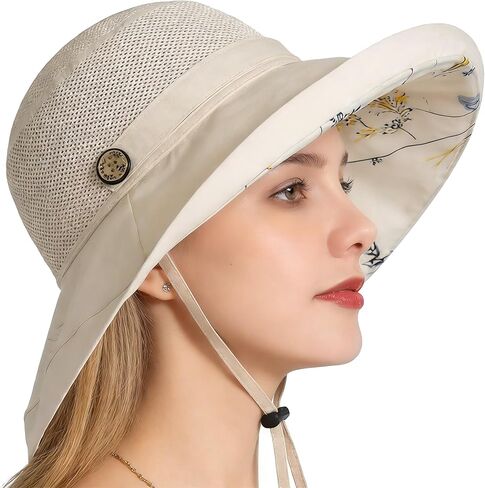 Mesh-Breathable Sun-Hat for Women,Floral Wide-Brim Beach Bucket Hat with Detachable Chin Strap Girls Teens Fishing Hat in Kuwait